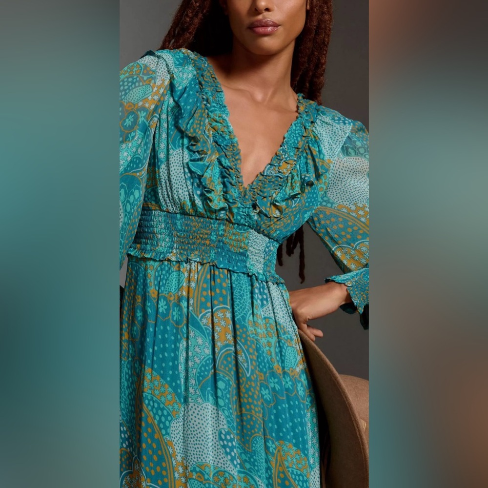 NEW Anthropologie The Odetta Ruffled V-Neck‎ Maxi LS flowy Dress Teal Size  M - Picture 6 of 17